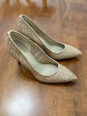 Sam Edelman Woven Pointed-Toe Heel Pumps in Tan